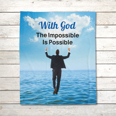Faith-based plush blanket with “Impossible Man” design, man walking on water,  inspirational message